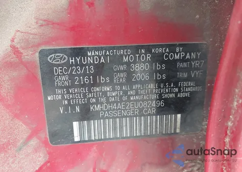 2014 Hyundai Elantra Se from USA, damaged, VIN KMHDH4AE2EU082496